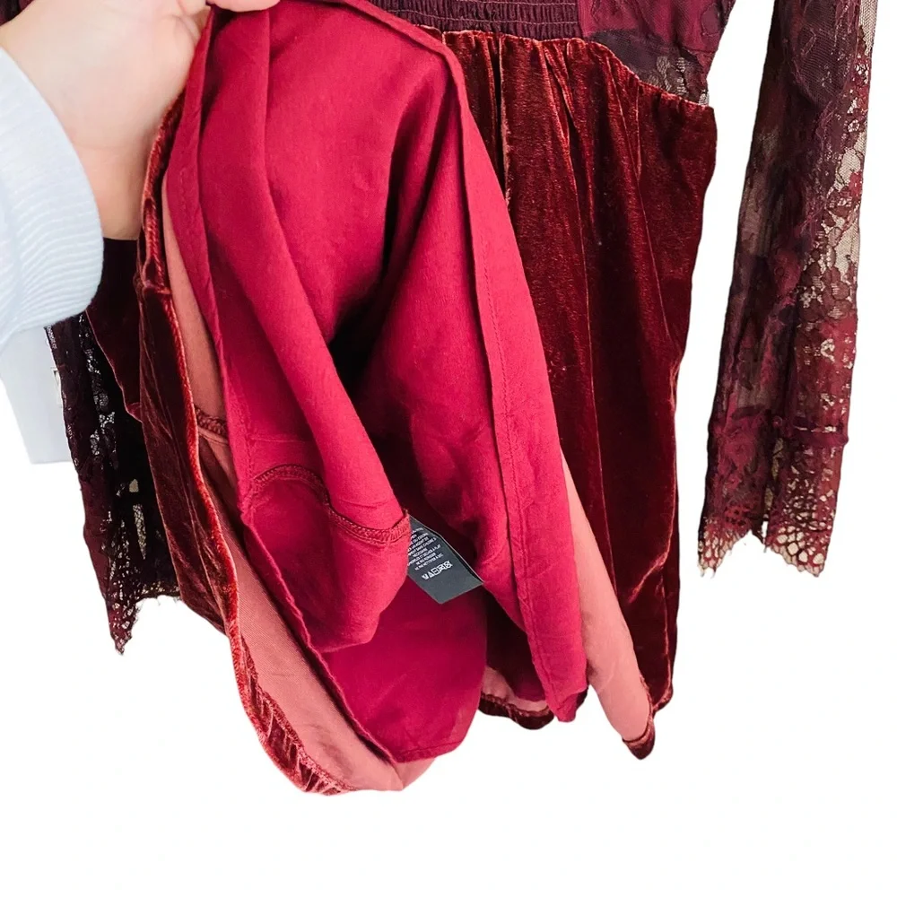 Free People NWT Marlie Lace Mini‎ Velvet Sheer Garnet Smocked Bell Sleeve Dress - Picture 9 of 13